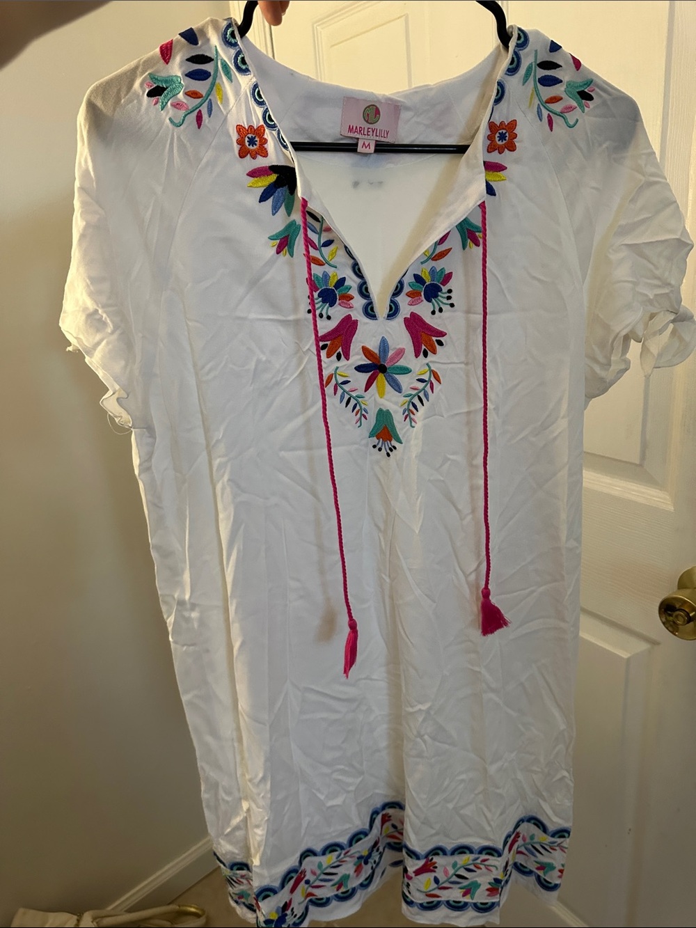 White Embroidered V-Neck Women's Dress